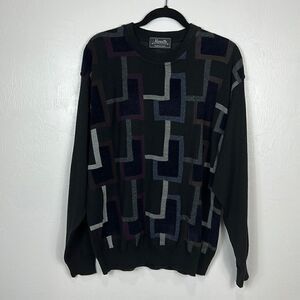 Marcello Italy Wool Blend Black Geo Print Crew Neck Pullover Sweater Size L